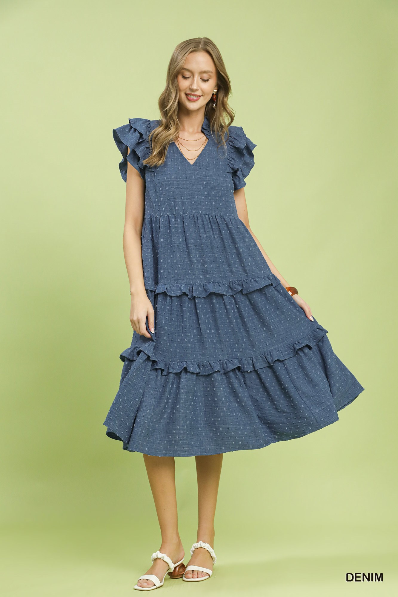Textured Ruffle Sleeve Tiered Midi Dress, image 5