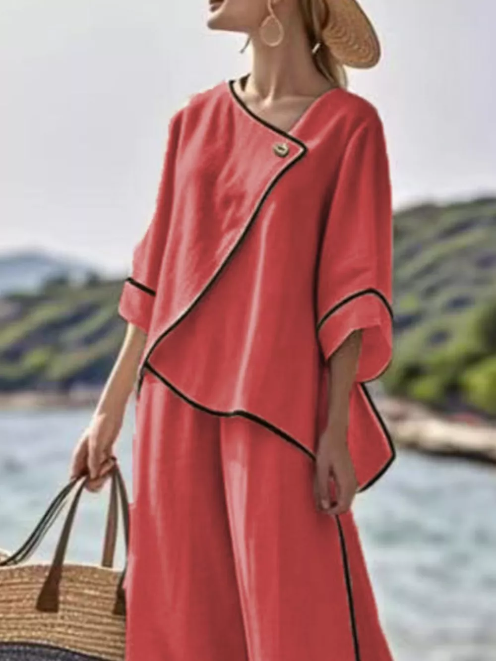 Full Size Contrast Trim Top and Wide Leg Pants Set Plus Size, image 14