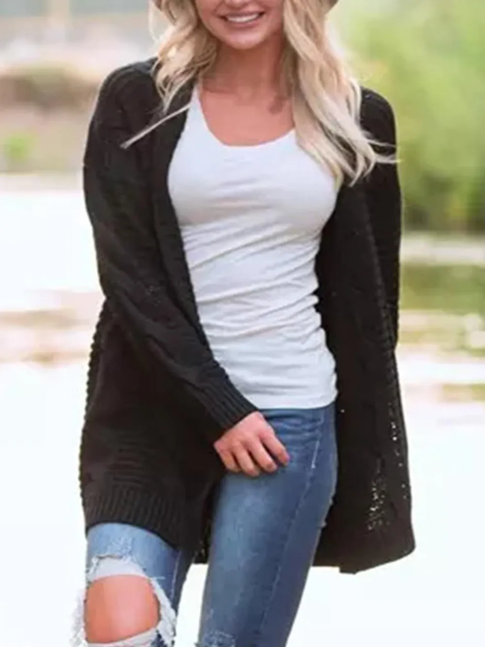Cable-Knit Open Front Long Sleeve Cardigan, image 9