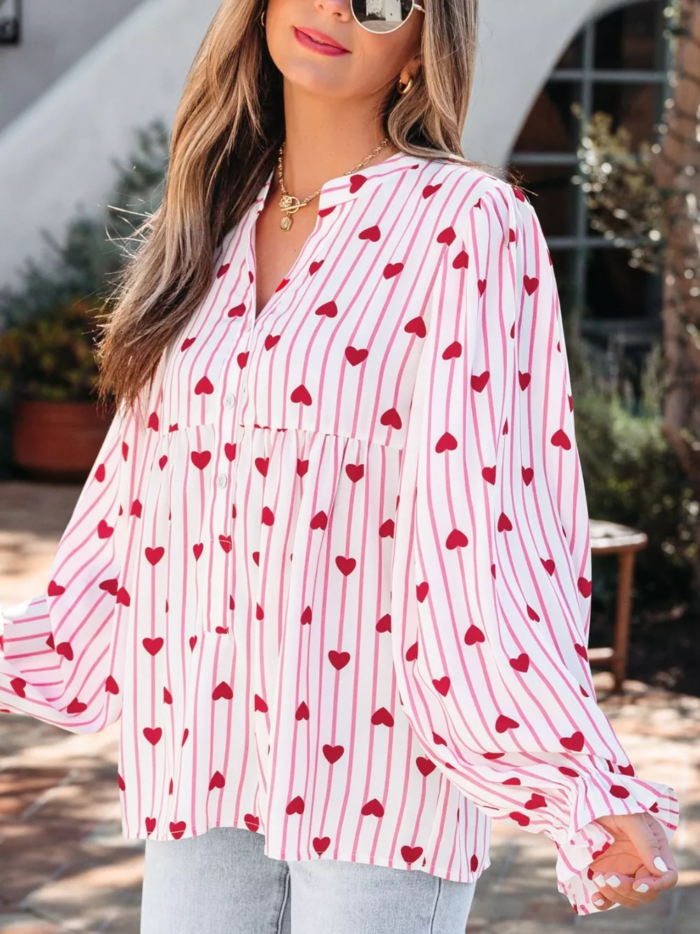 Stripe Textured Heart Print Long Flounce Sleeve Shirt, image 2