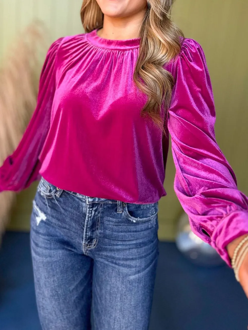 Ruched Round Neck Long Sleeve Blouse, image 11