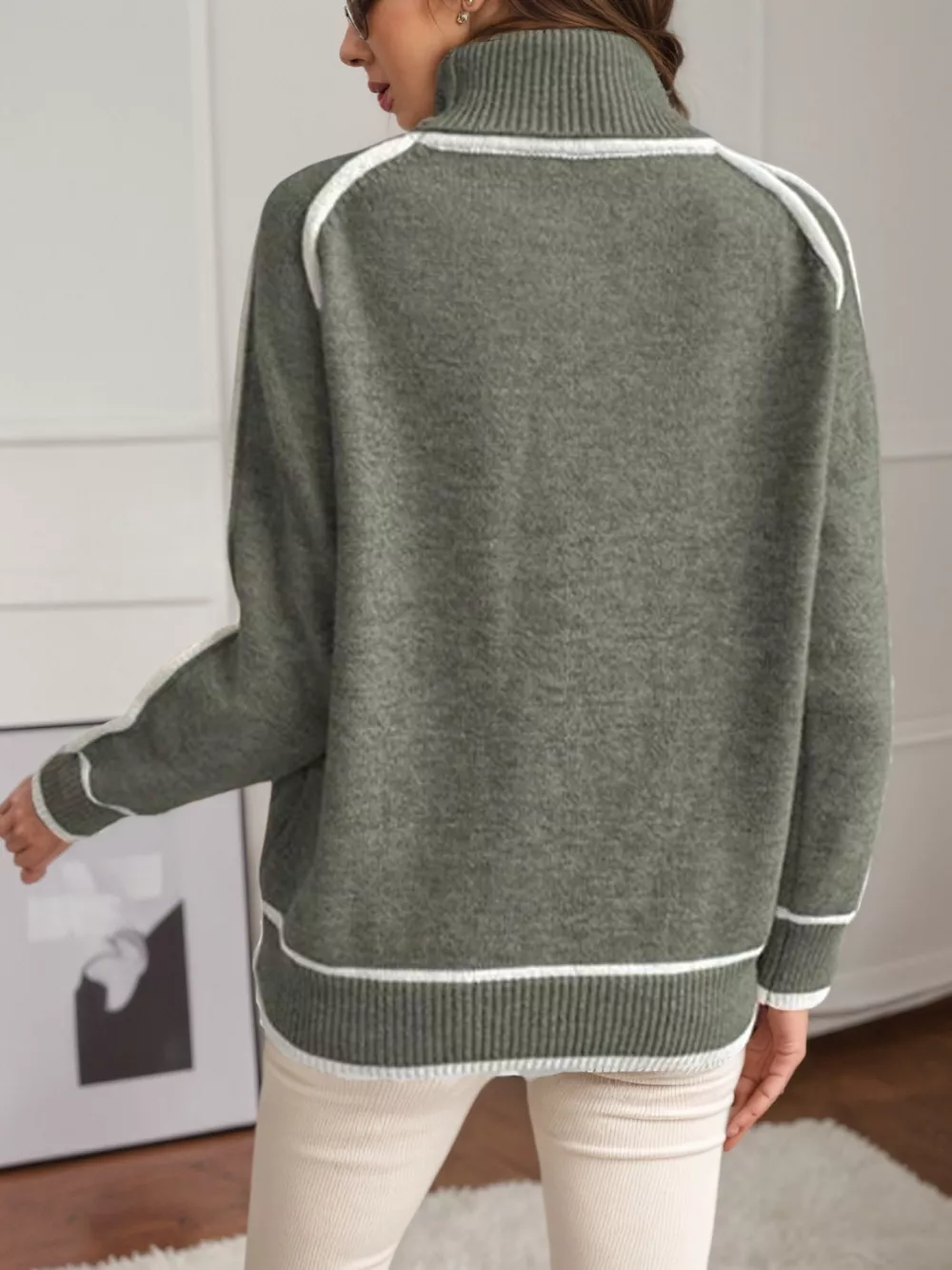 Full Size Turtleneck Contrast Trim Sweater Plus Size, image 9