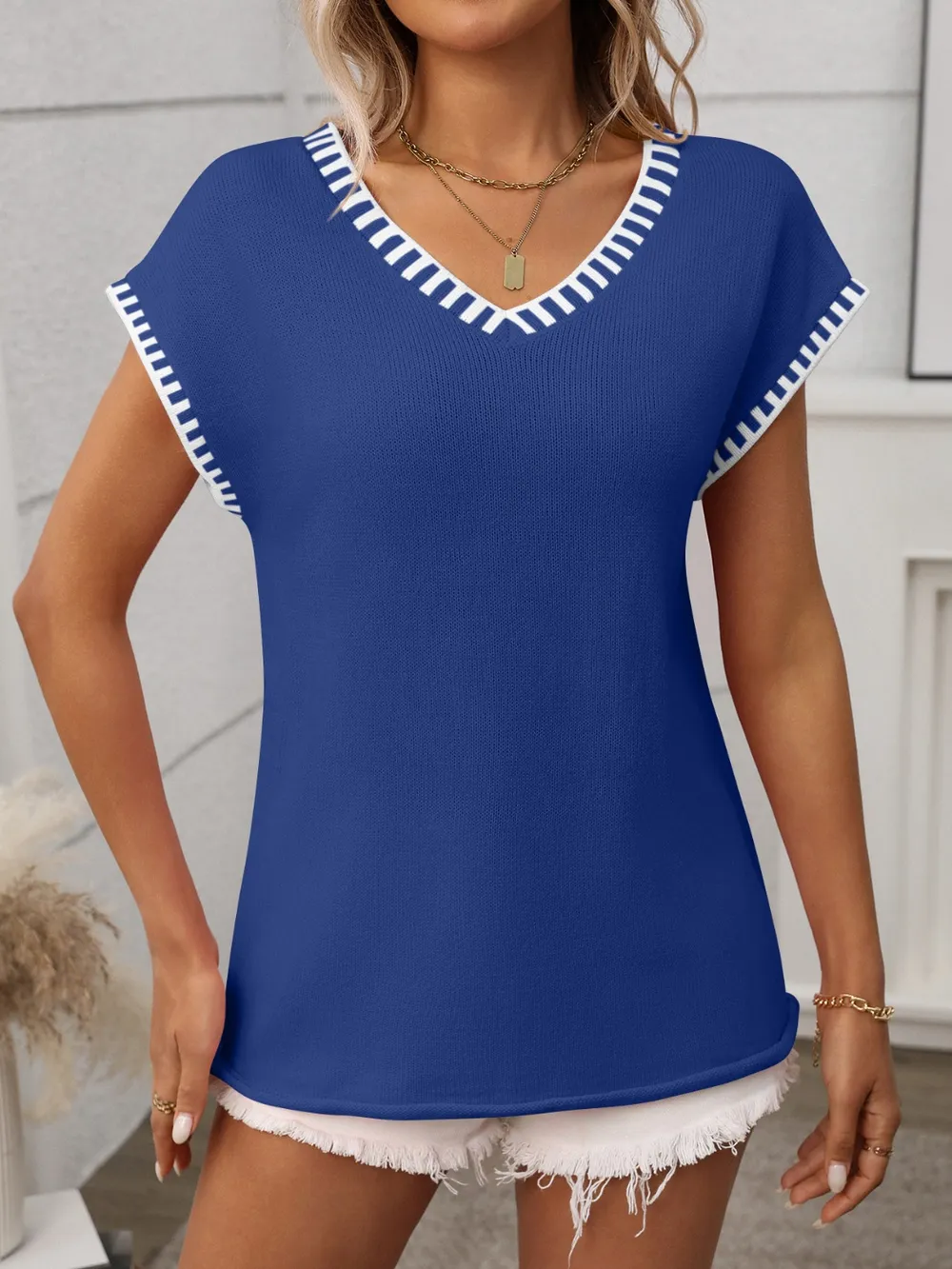 Contrast Trim V-Neck Short Sleeve Knit Top, image 4