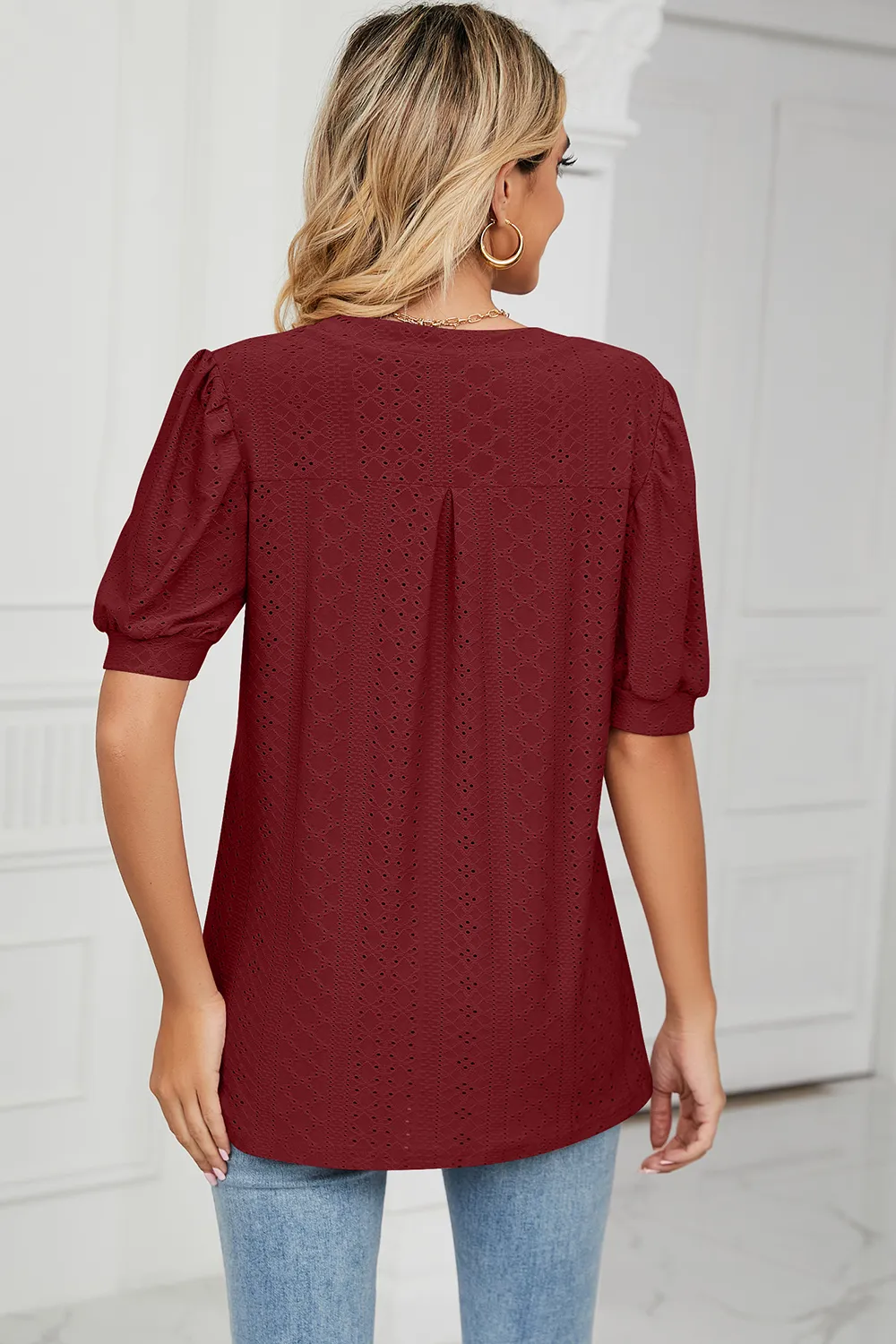 Eyelet Notched Short Sleeve T-Shirt, image 12