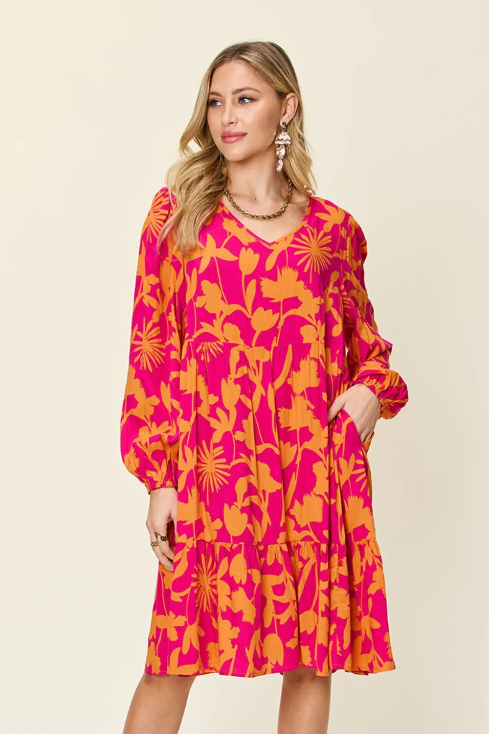 Full Size Printed Ruffle Hem Dress with Pocket, image 3