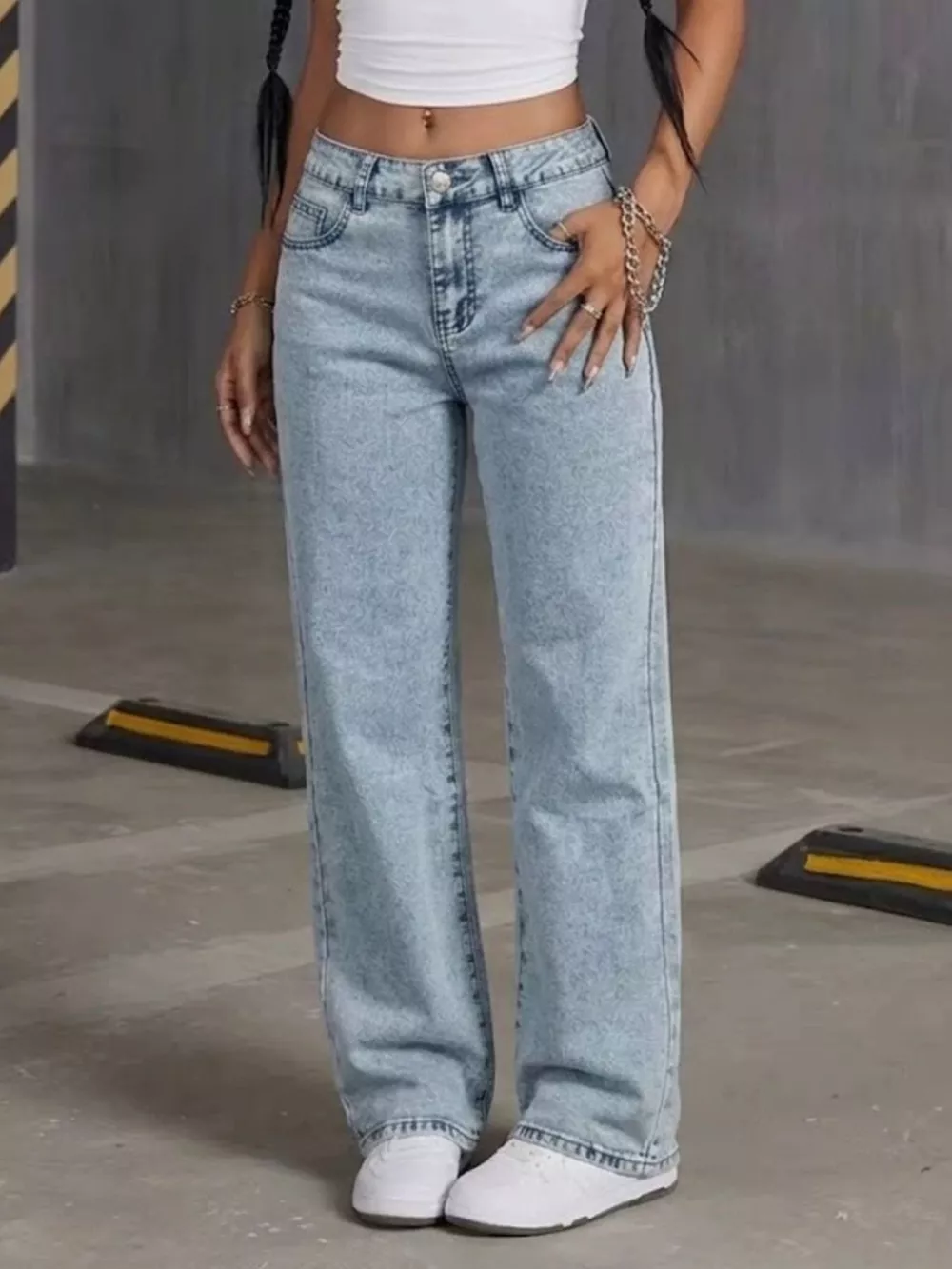 High-Waisted Acid Wash Straight Leg Jeans, image 2