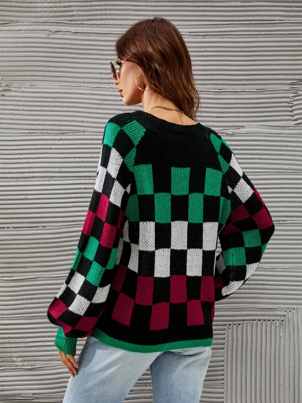 Checkered V-Neck Lantern Sleeve Sweater, image 11