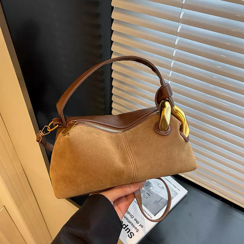 Suede Crossbody Bag with Gold Hardware, image 6