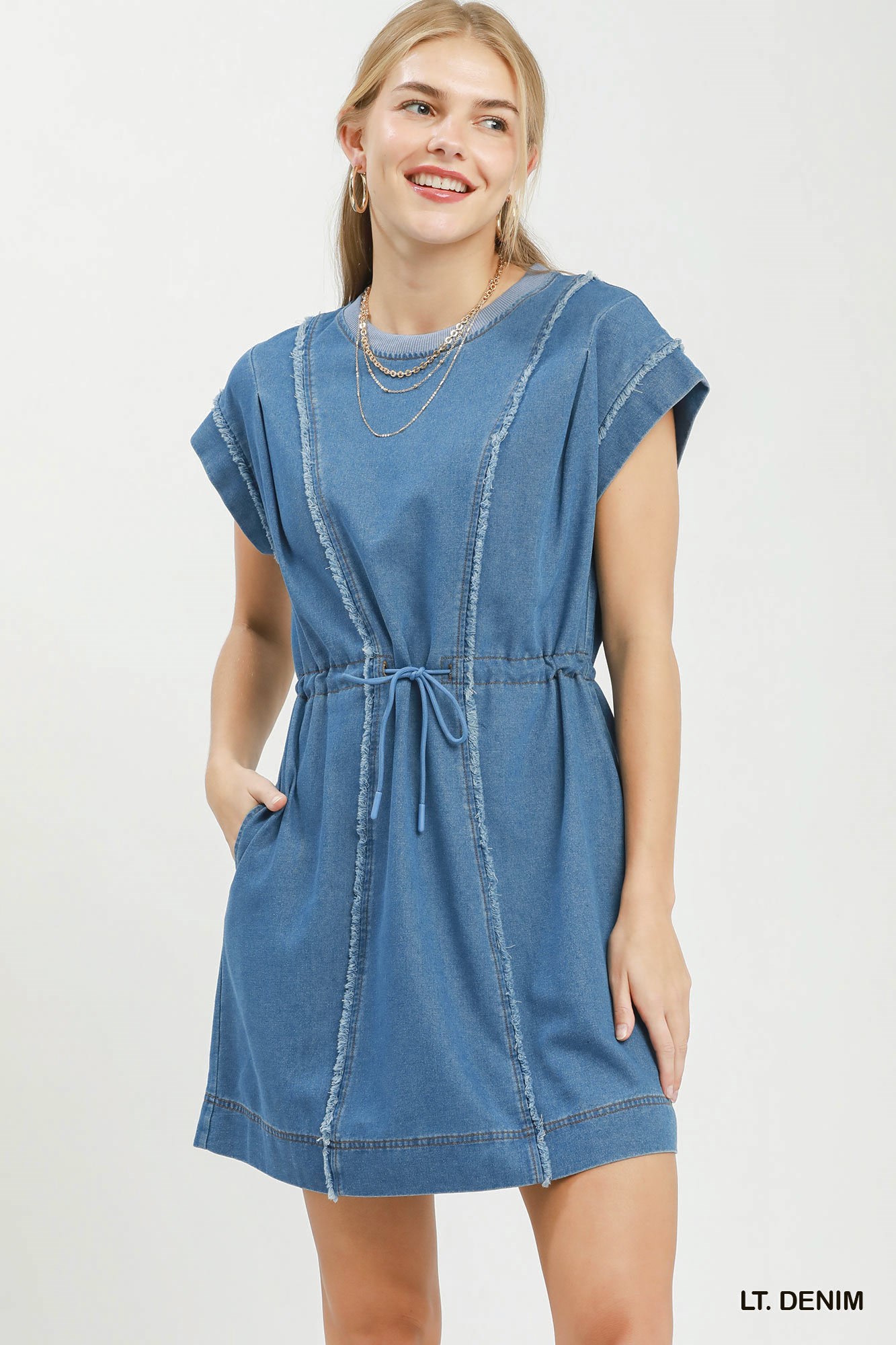 Drawstring Waist Frayed Denim Mini Dress