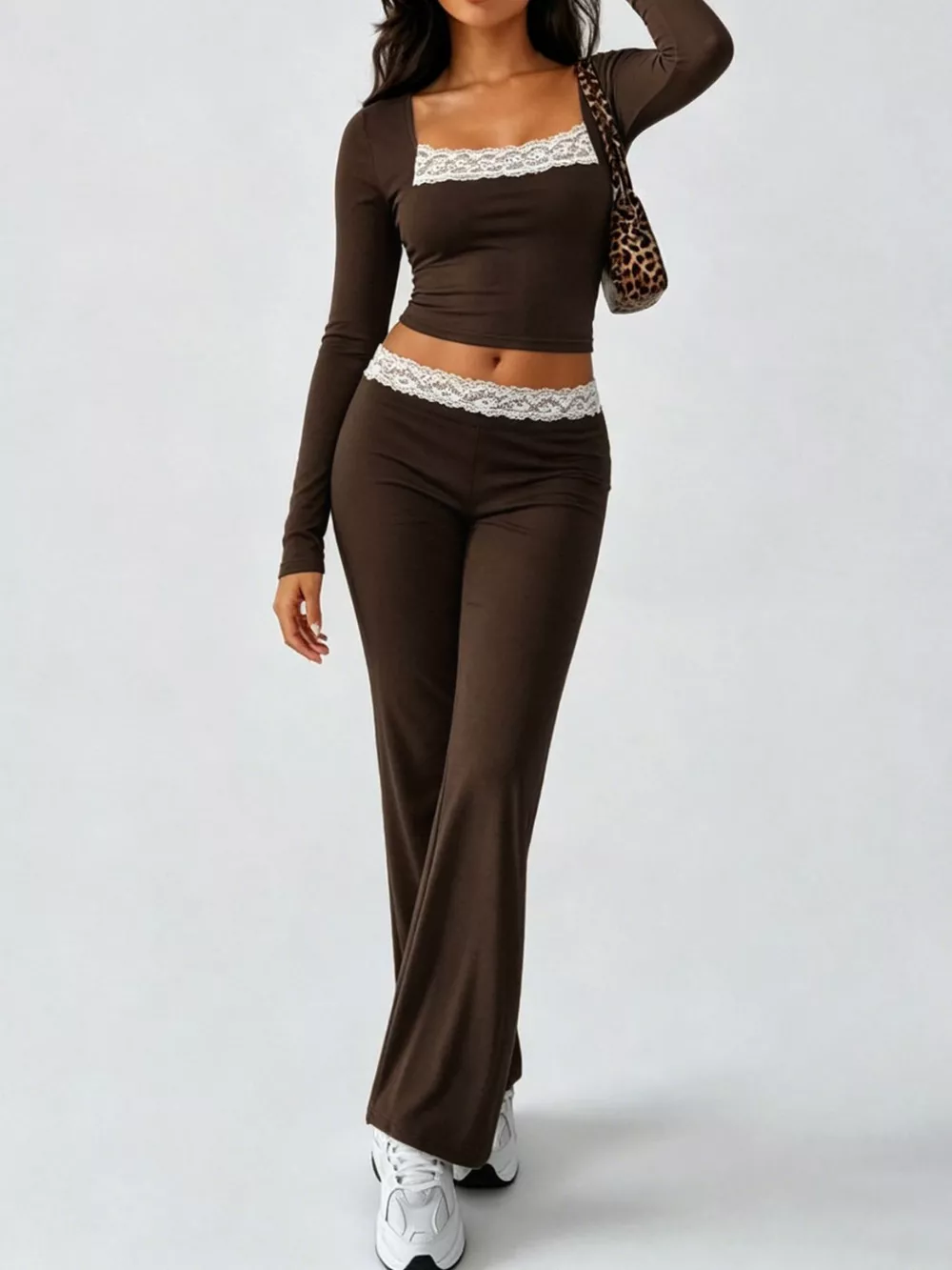 Long Sleeve Lace Trim Crop Top and Wide Leg Pants Set, image 3