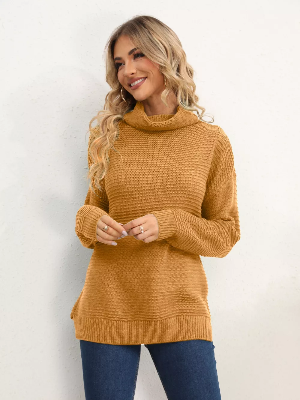 Slit Turtleneck Dropped Shoulder Sweater, image 19
