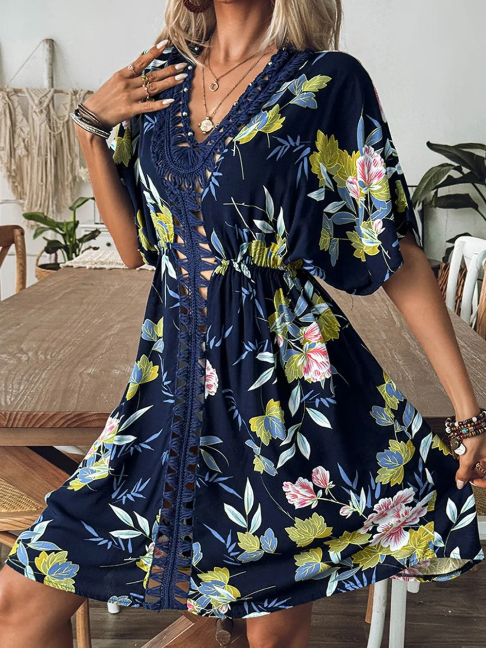 Crochet Front V-Neck Printed Cover-Up, image 2