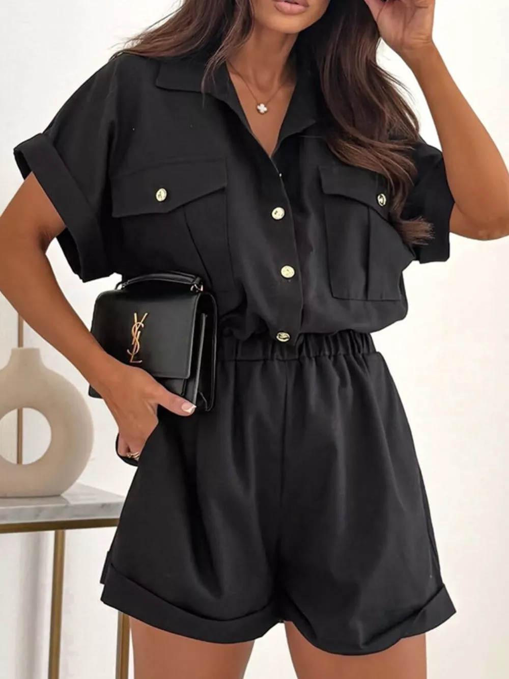 Button Front Short Sleeve Shirt and Shorts Set, image 2