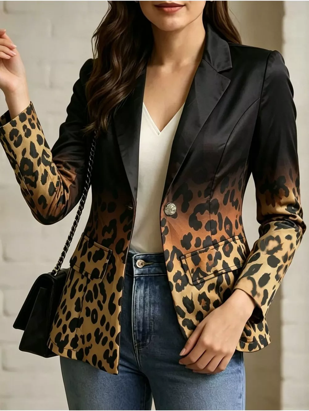Leopard Print Contrast Long Sleeve Blazer