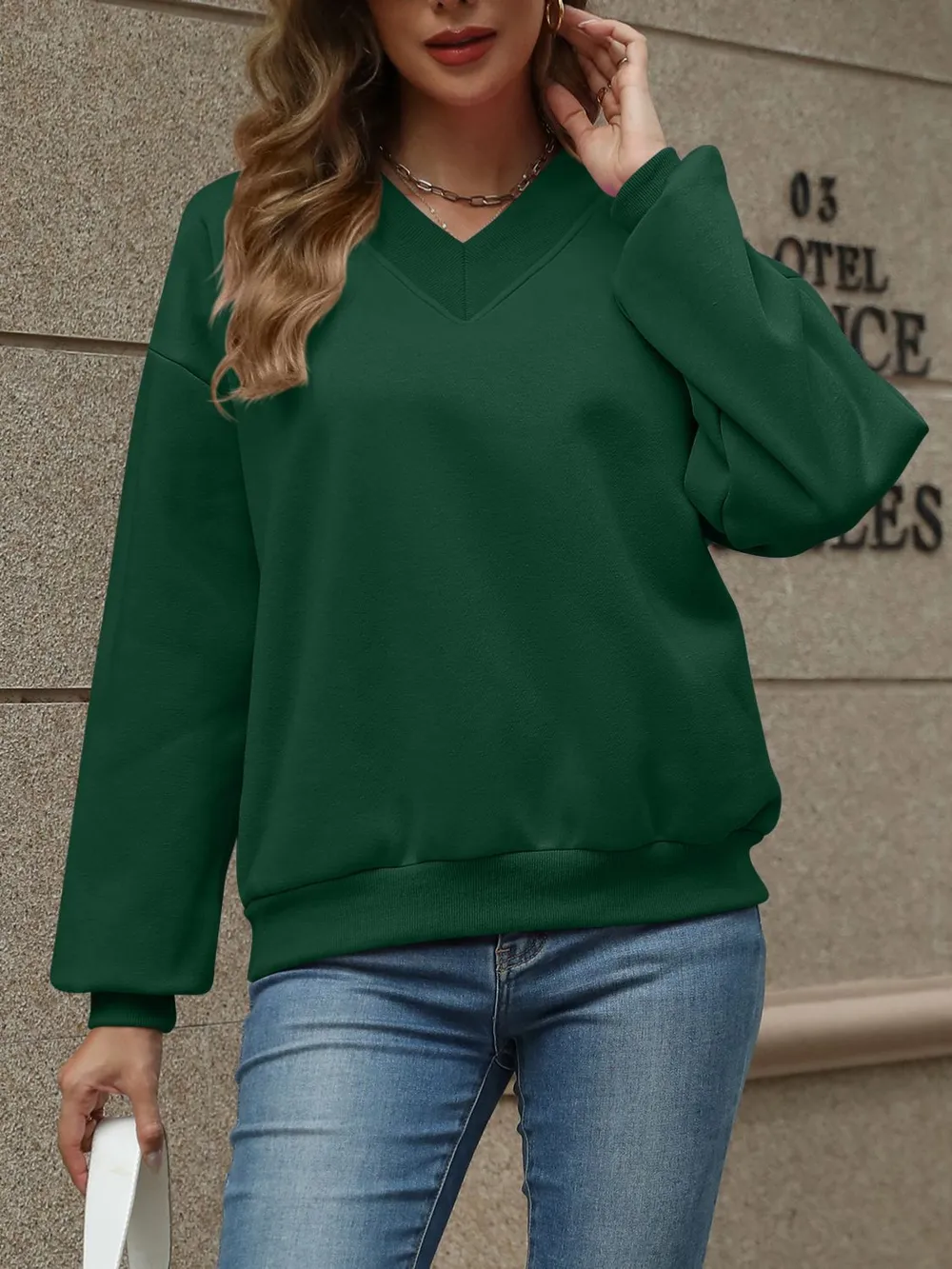 V-Neck Long Sleeve Dropped Shoulder Sweatshirt, image 33