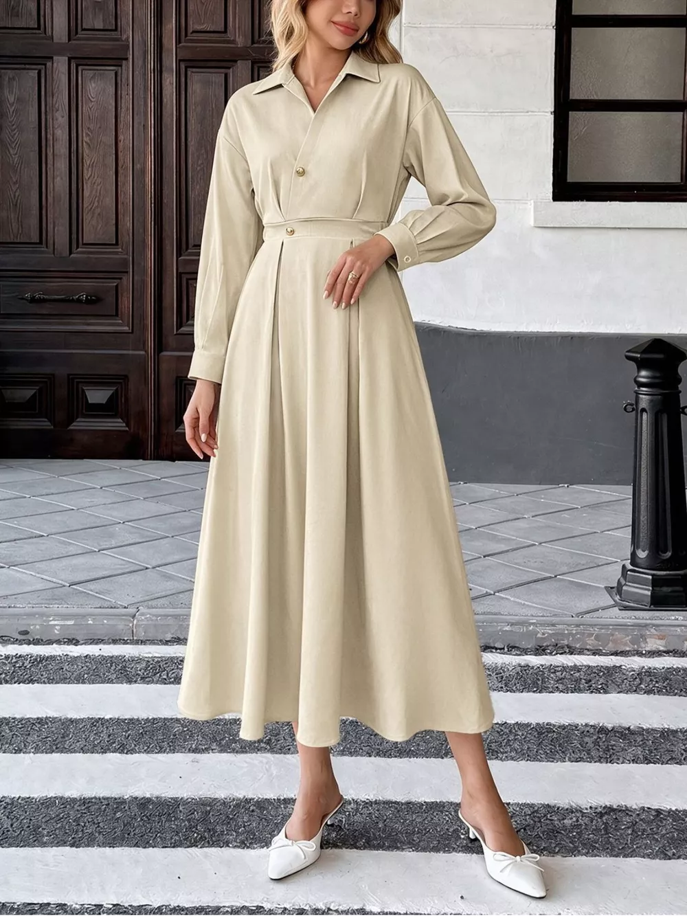 Pleated Button Detail Long Sleeve Shirt Dress, image 4