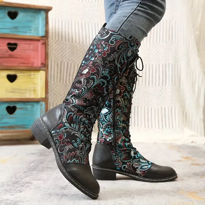 Embroidered Lace-Up Knee High Boots, image 5