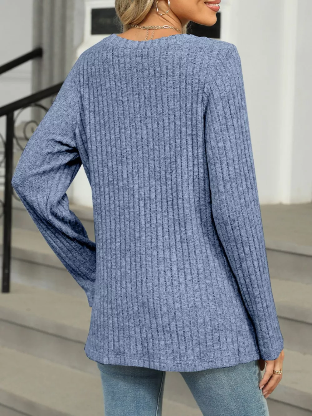 Ribbed Round Neck Long Sleeve Top, image 7
