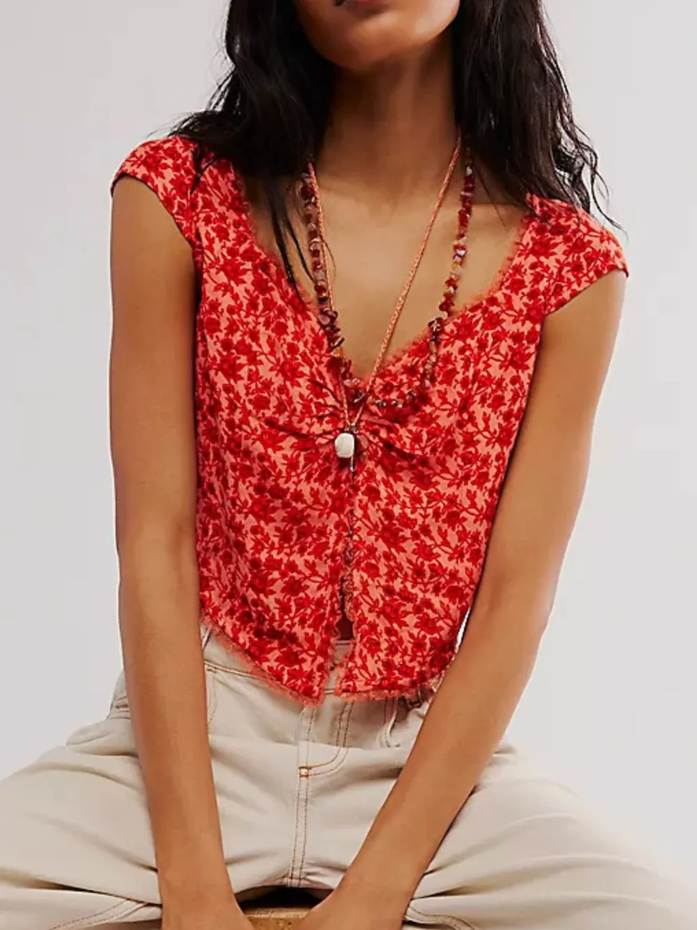 Floral Print Cap Sleeve Cropped Top, image 2