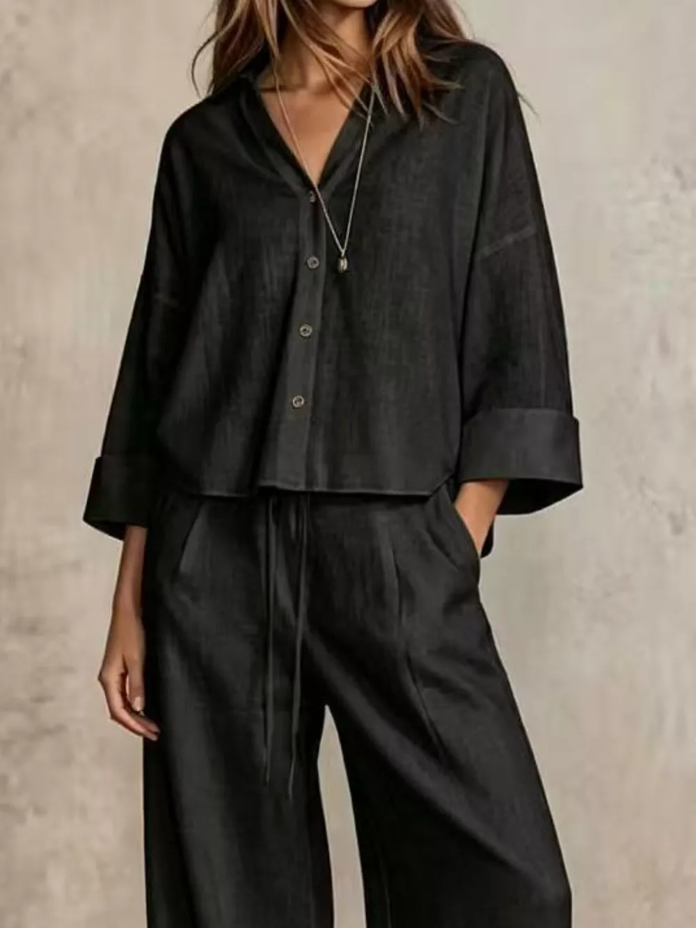 Full Size Button-Down Shirt and Wide-Leg Pants Set Plus Size, image 5