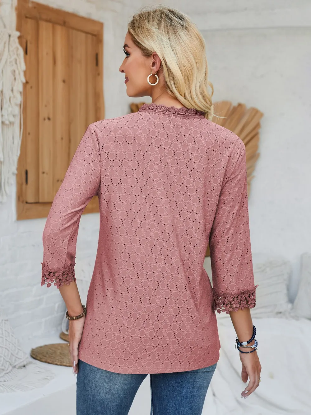 Lace Detail V-Neck Three-Quarter Sleeve Blouse, image 5