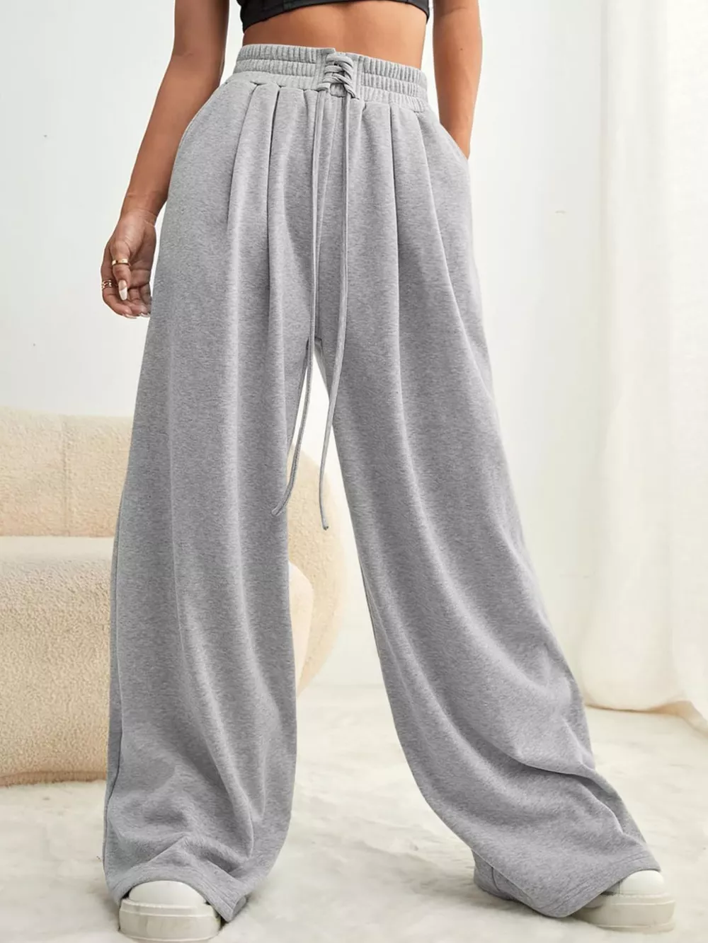 Drawstring Waist Wide Leg Pants, image 3