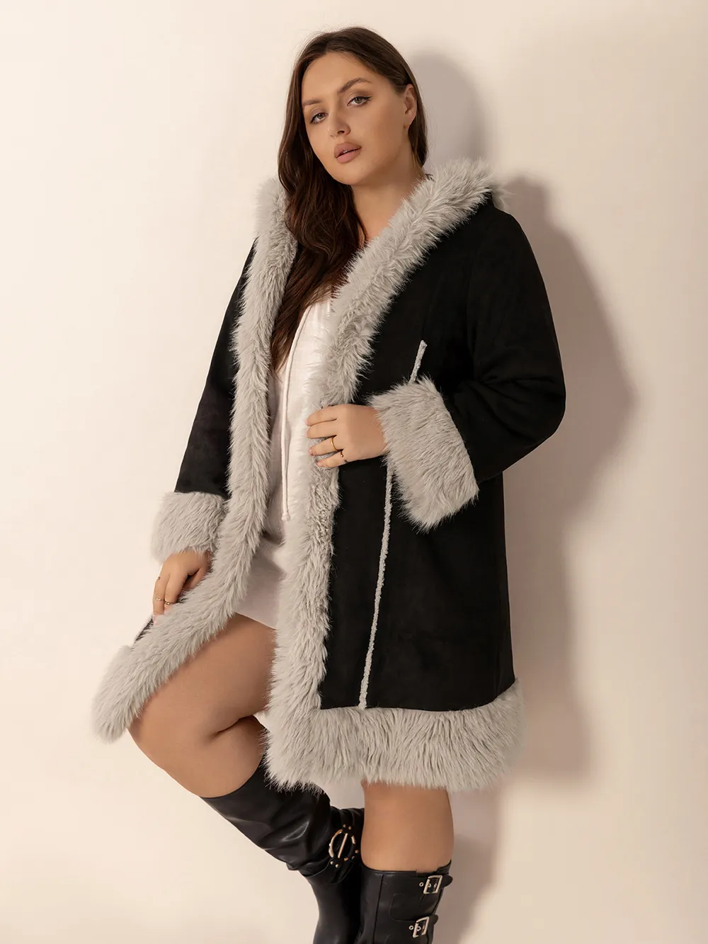 Plus Size Fuzzy Trim Open Front Long Sleeve Hooded Coat, image 2