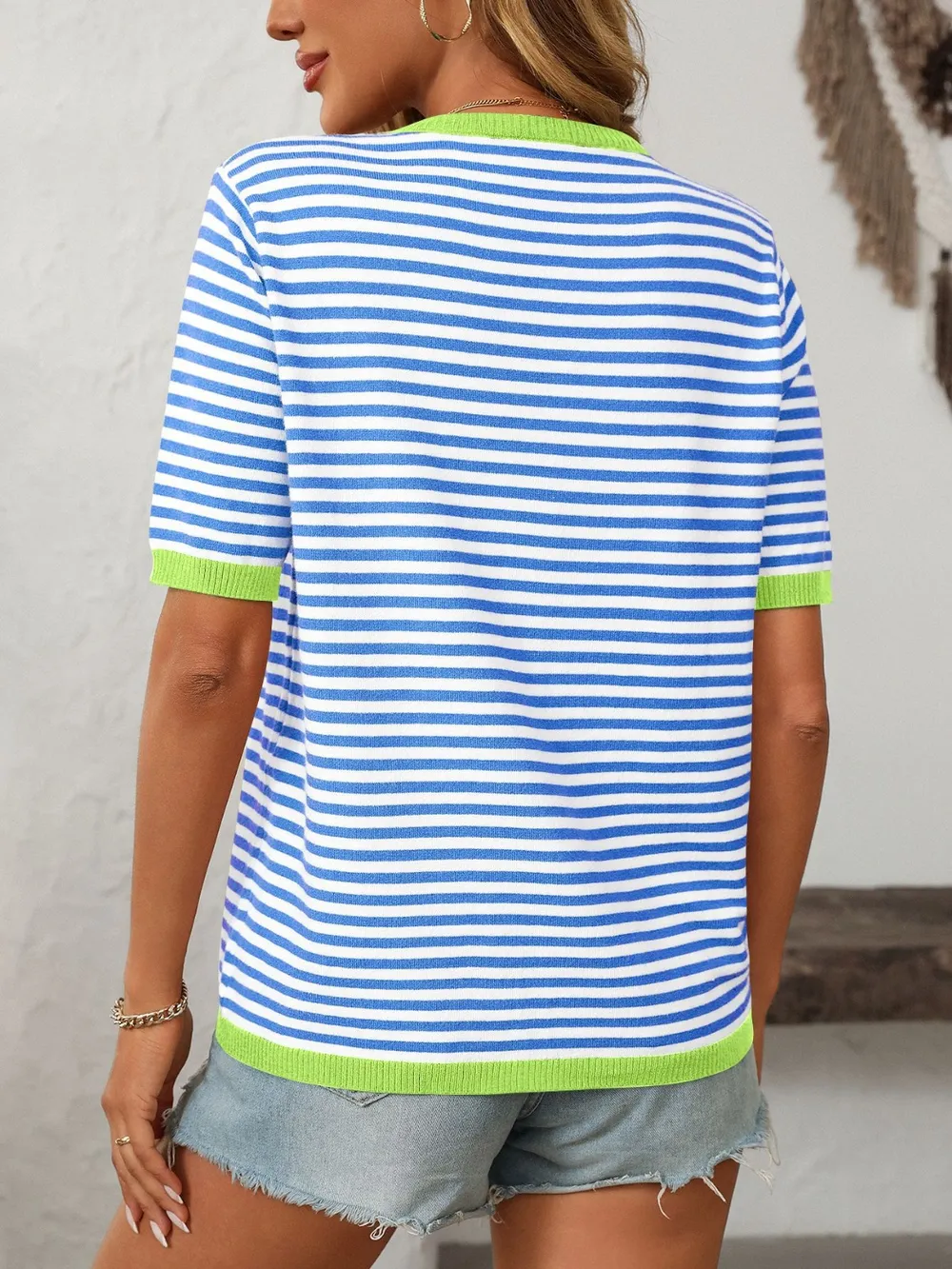 Striped Round Neck Half Sleeve Knit Top, image 2