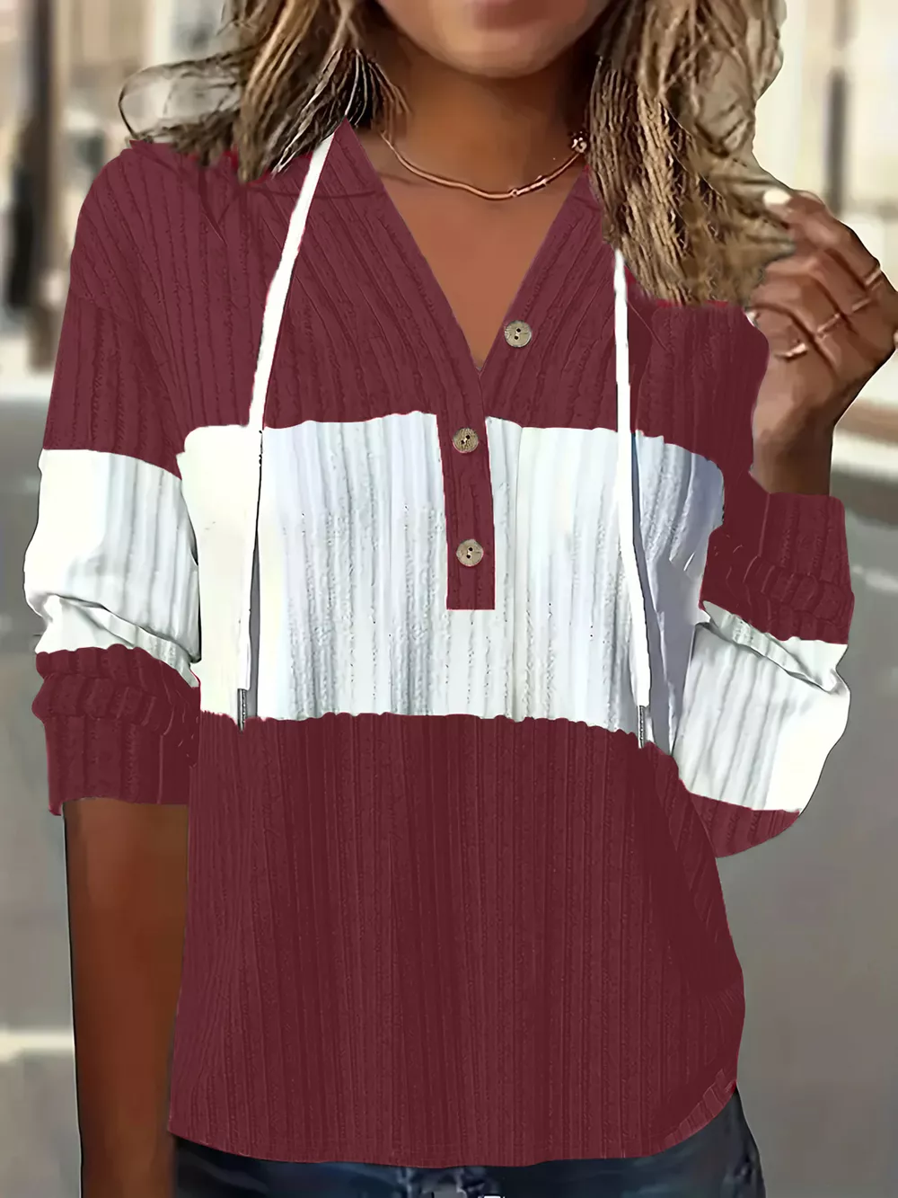 Color Block Drawstring Long Sleeve Hoodie, image 2