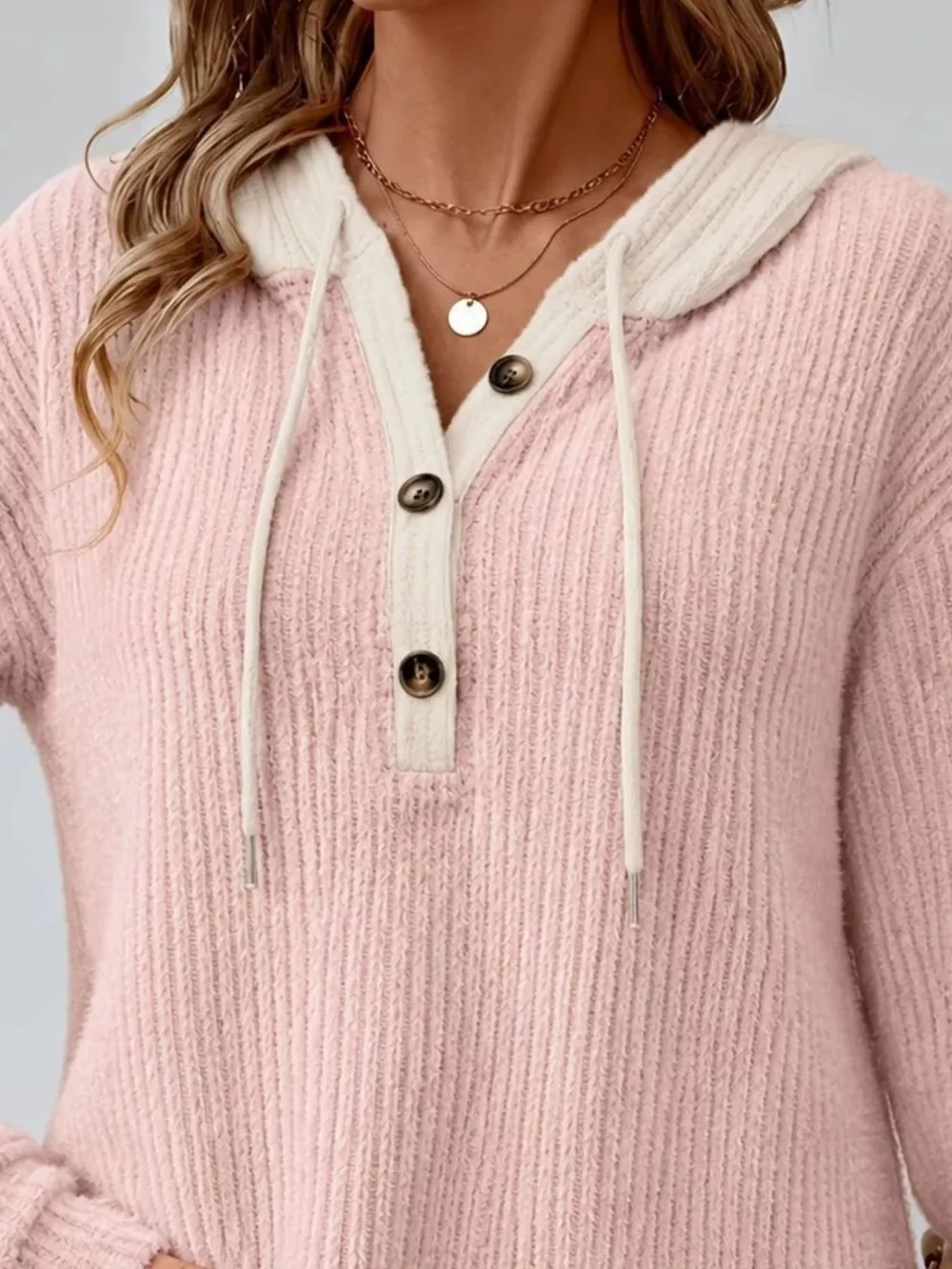 Full Size Drawstring Button Detail Hooded Sweater Plus Size, image 11