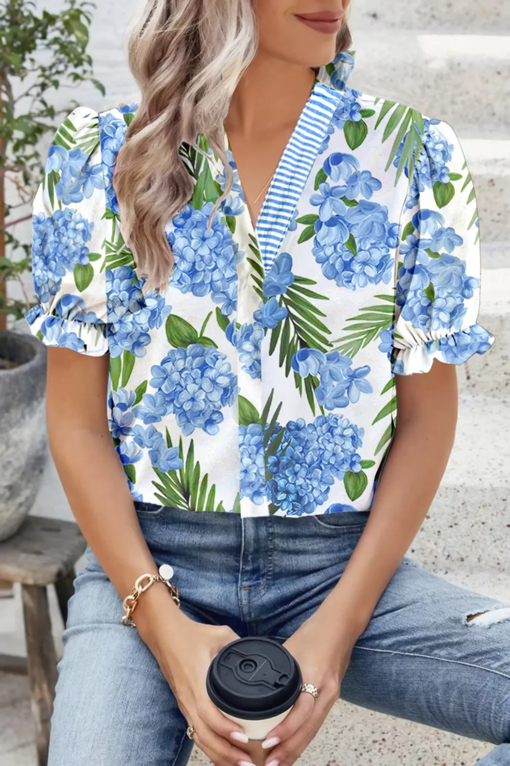 Palm Floral Print Striped Patchwork V Neck Short Sleeve Blouse, image 2
