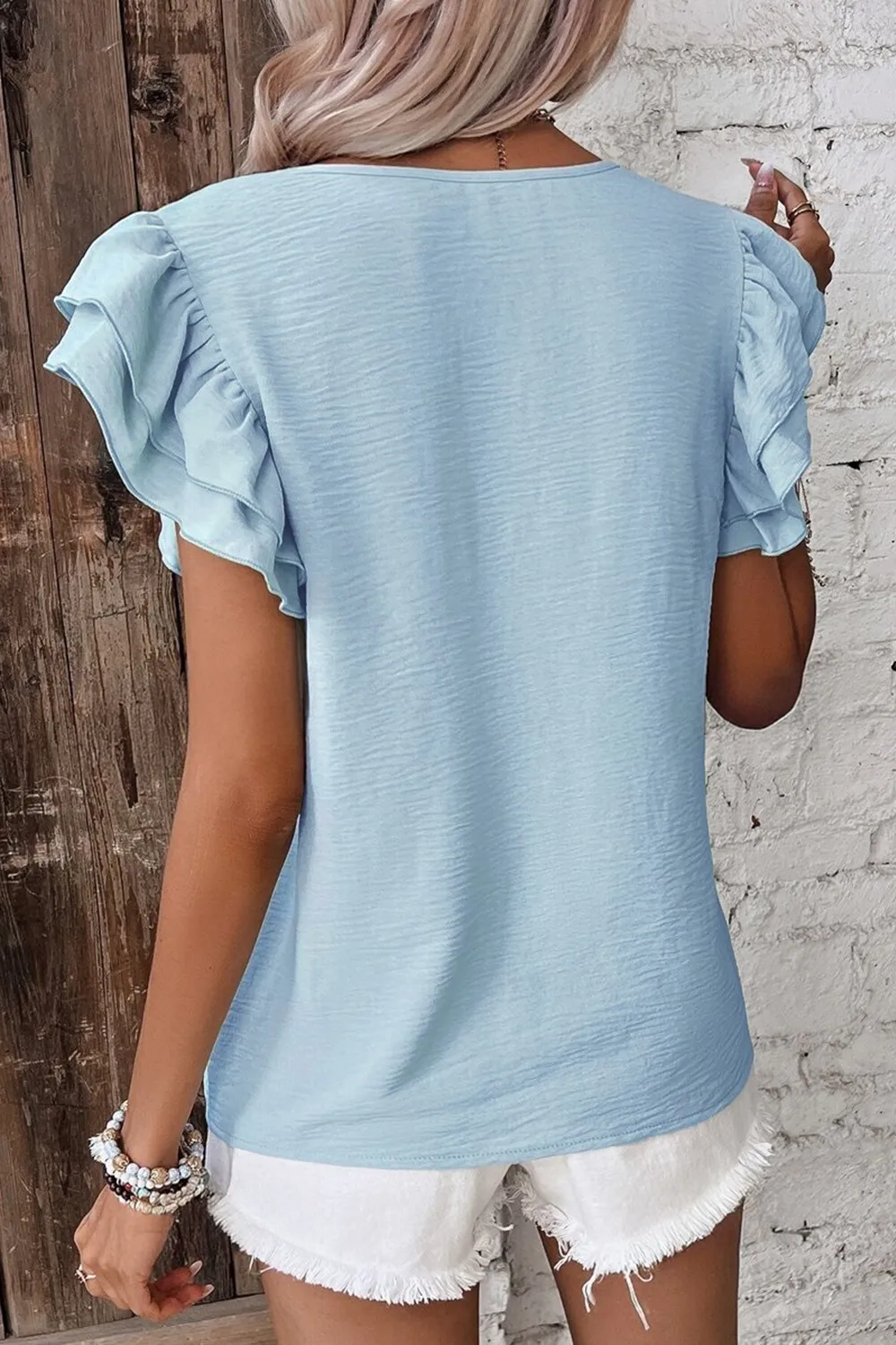 Solid Color Ruffled Short Sleeve Casual Blouse, image 5