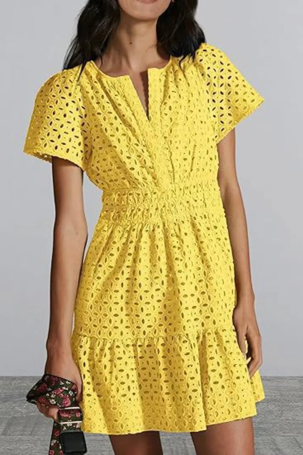 Eyelet Notched Short Sleeve Mini Dress, image 2