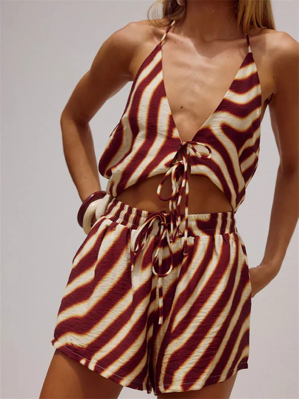 Zebra Print Halter Neck Top and Shorts Set, image 2