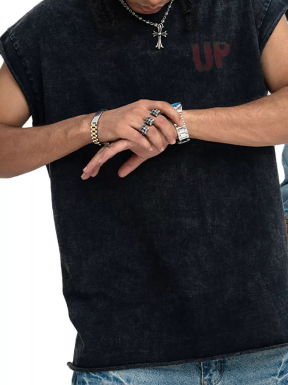 Men's Vintage Washed Tank Top with 'UP' Letter, image 3