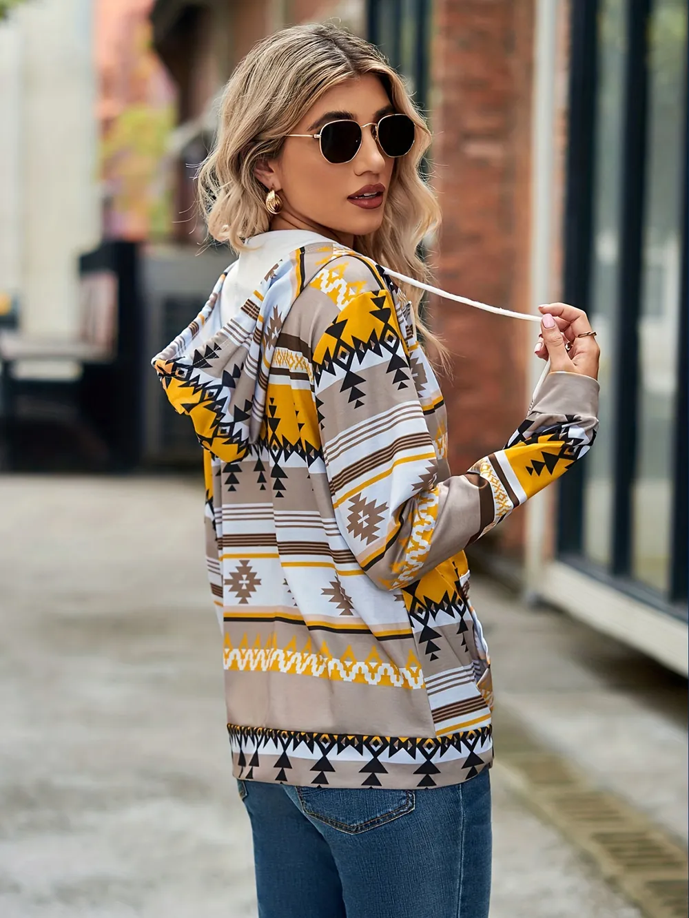 Geometric Zip Up Long Sleeve Hooded Jacket, image 6