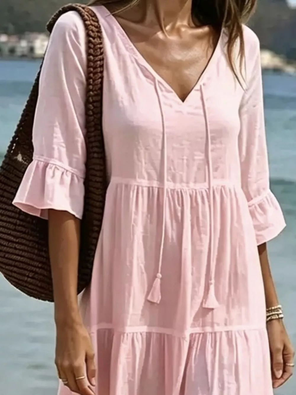 Full Size Tiered Tie Neck Flounce Sleeve Dress Plus Size, image 8