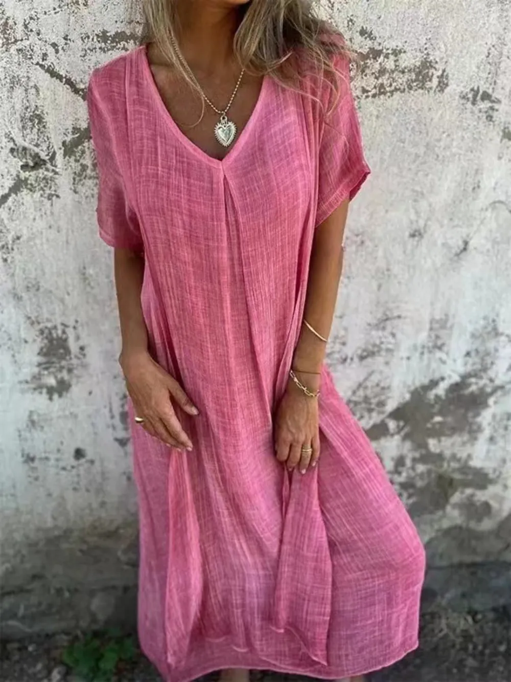 Full Size V-Neck Short Sleeve Midi Dress Plus Size, image 4