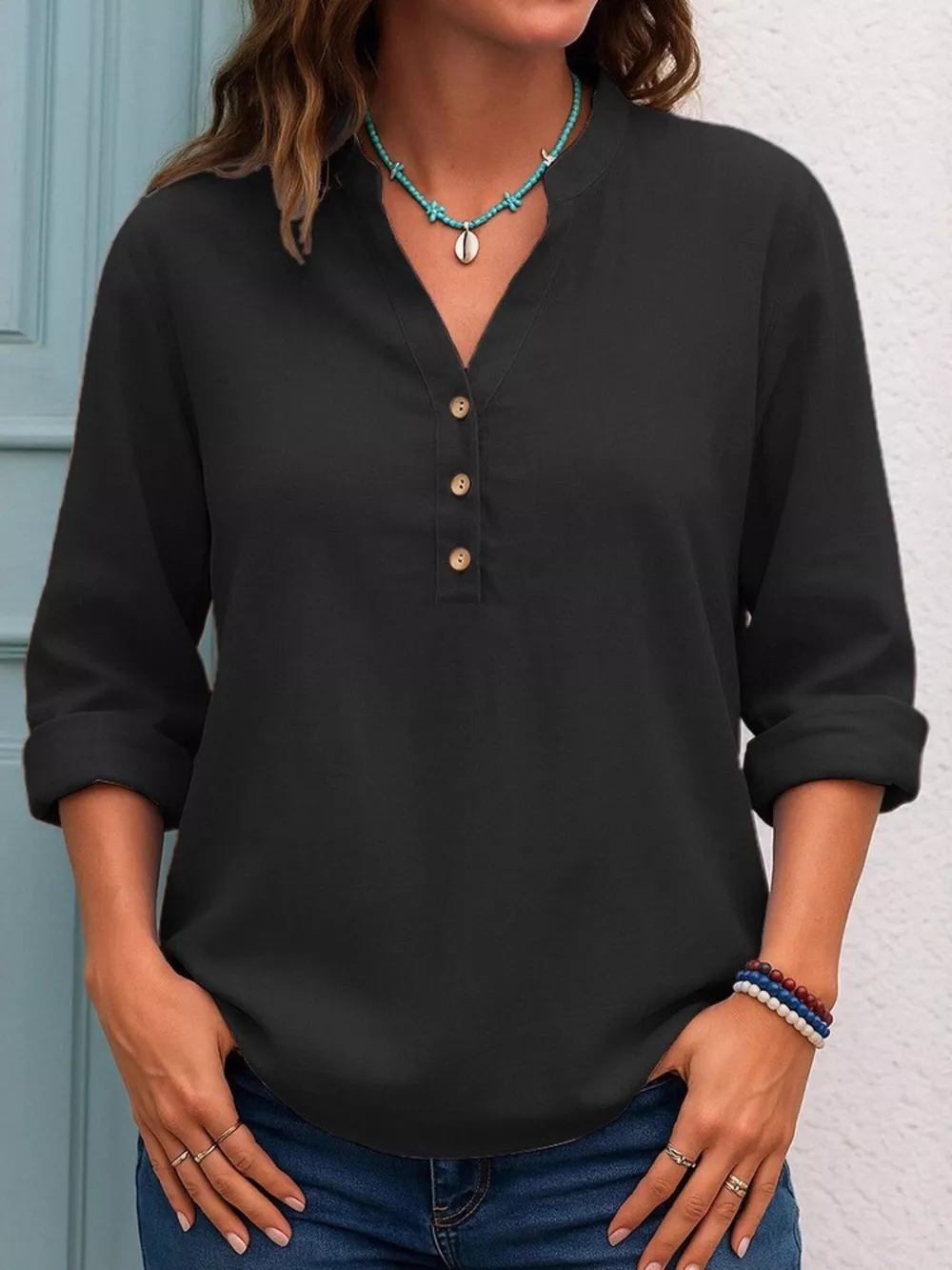 Full Size Button Detail Notched Long Sleeve Blouse Plus Size, image 16