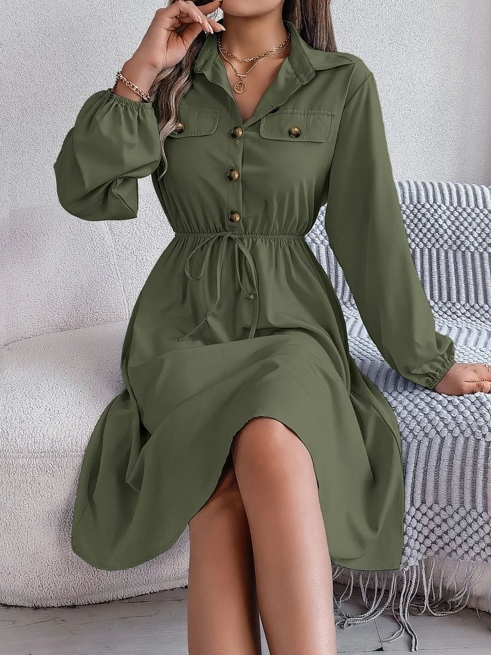 Collared Neck Long Sleeve Dress with Pockets, image 27