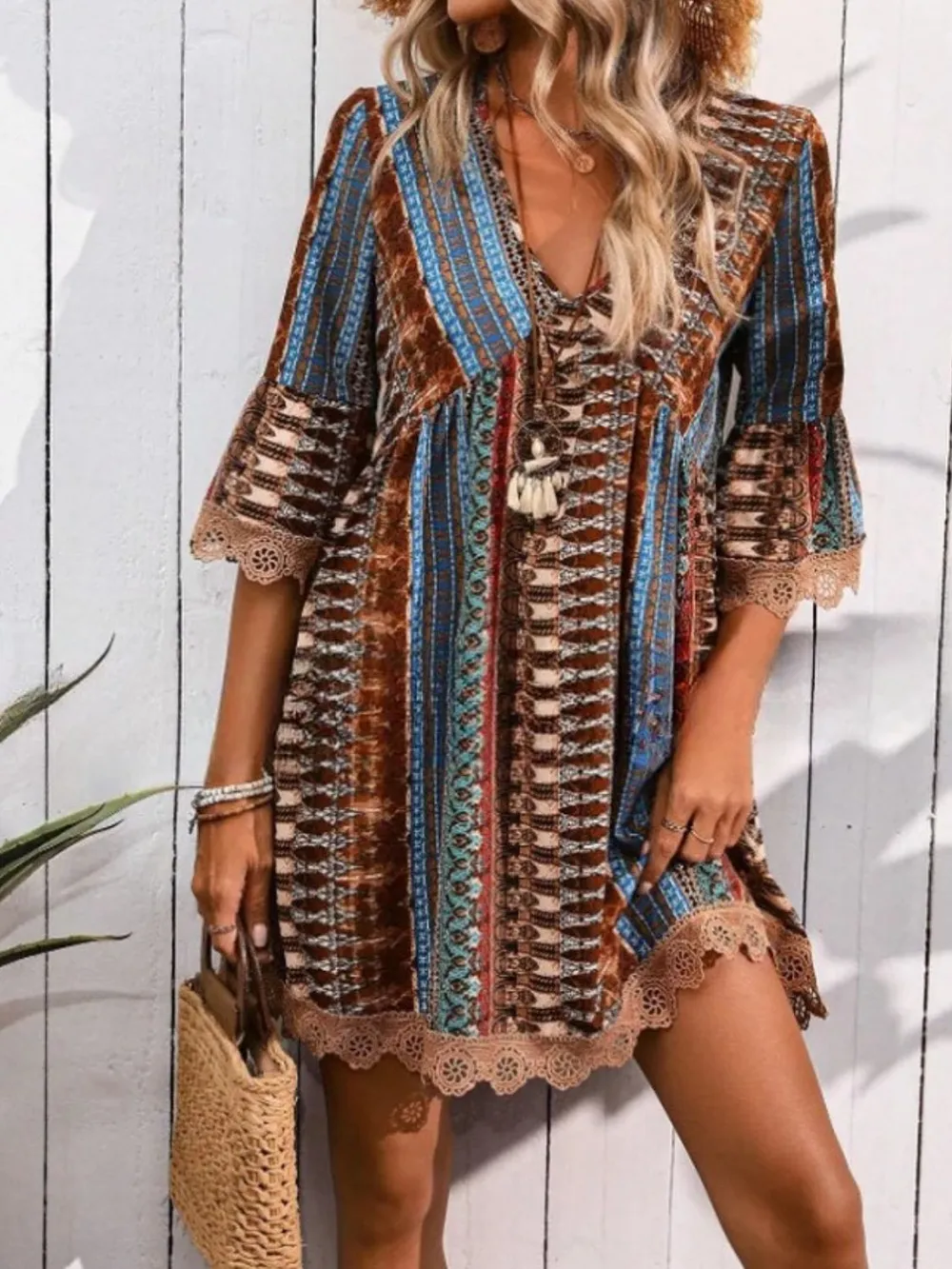 Lace Trim Printed V-Neck 3/4 Sleeve Dress, image 4