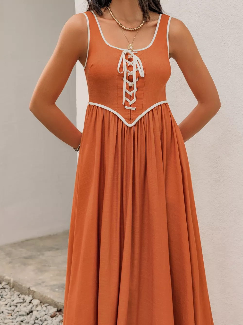 Contrast Trim Lace-Up Maxi Tank Dress, image 2
