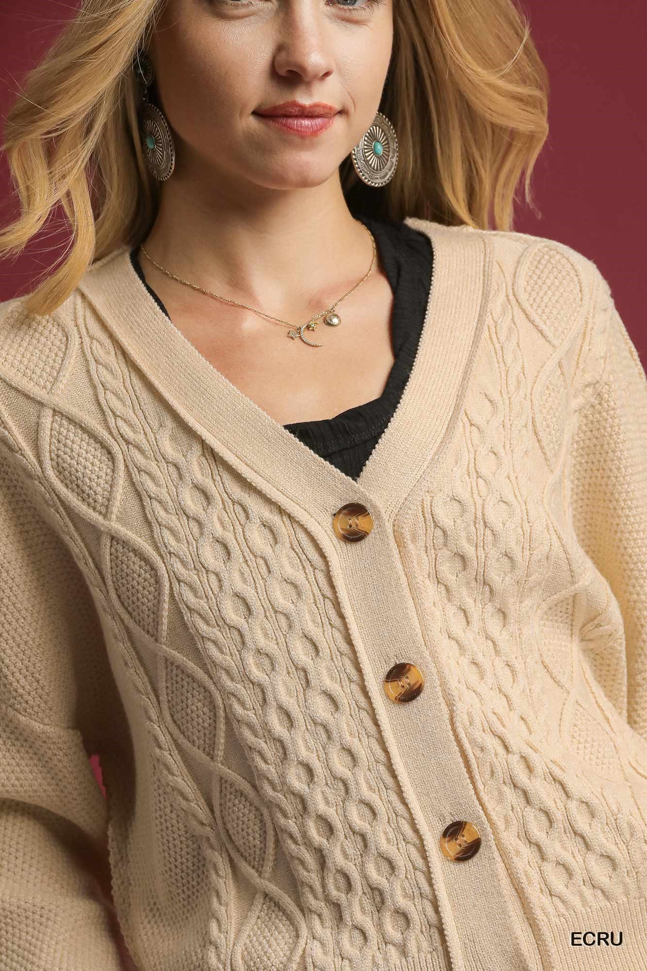 Chunky Cable Knit V-Neck Button-Up Cardigan, image 4
