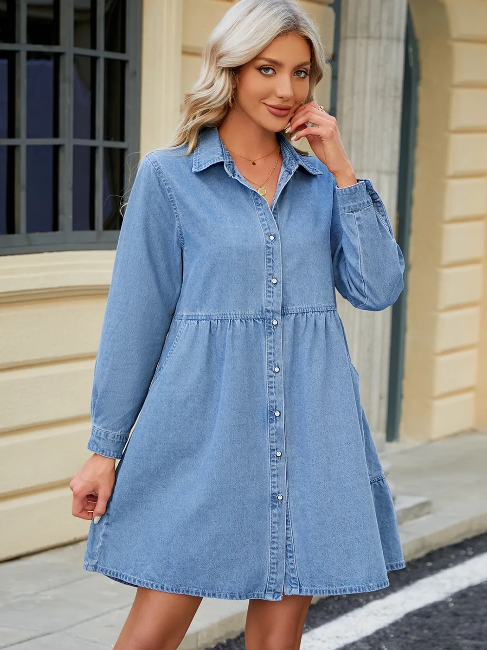 Tiered Button Up Long Sleeve Denim Dress, image 3