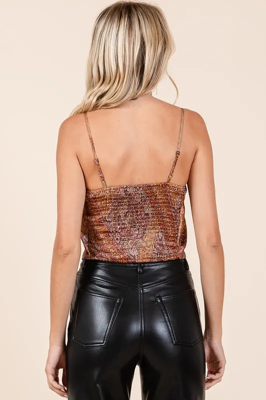 Paisley Patchwork Print Satin Cowl Neck Crop Cami, image 2