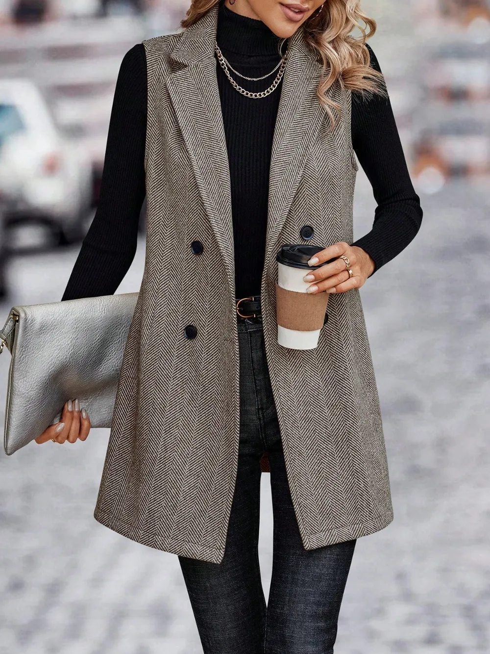 Buttoned Collared Neck Longline Vest Coat, image 2