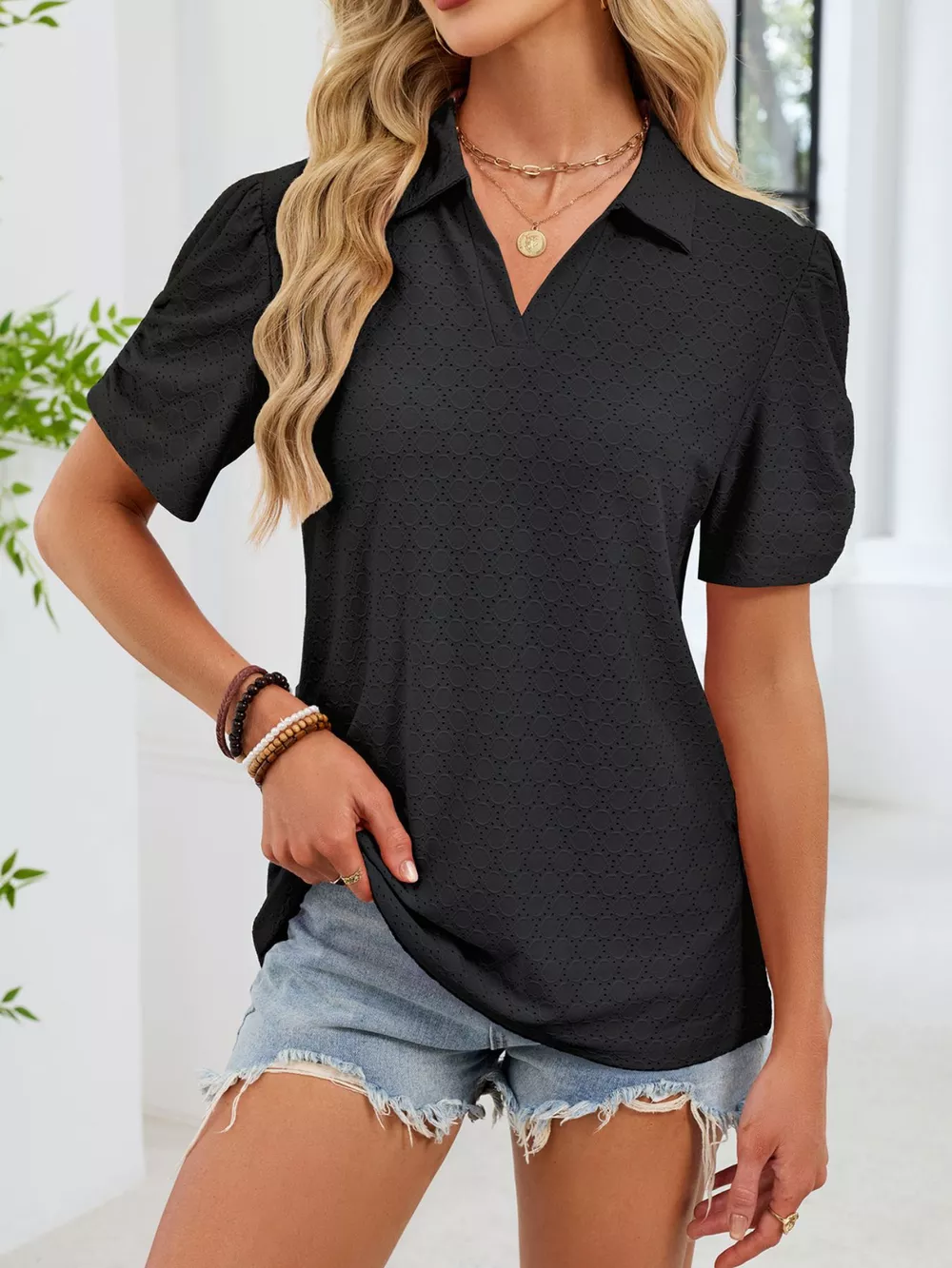 Eyelet Short Sleeve Blouse, image 3
