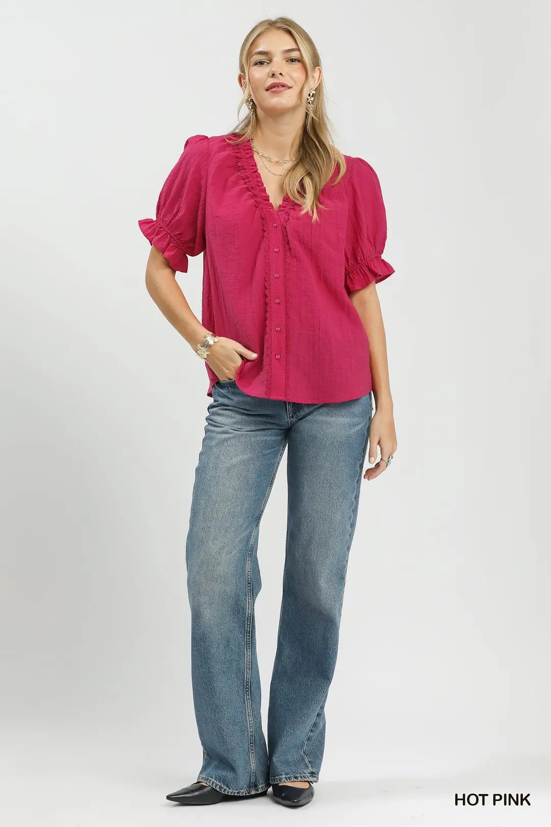 Textured Button-Front Puff Sleeve Top, image 6