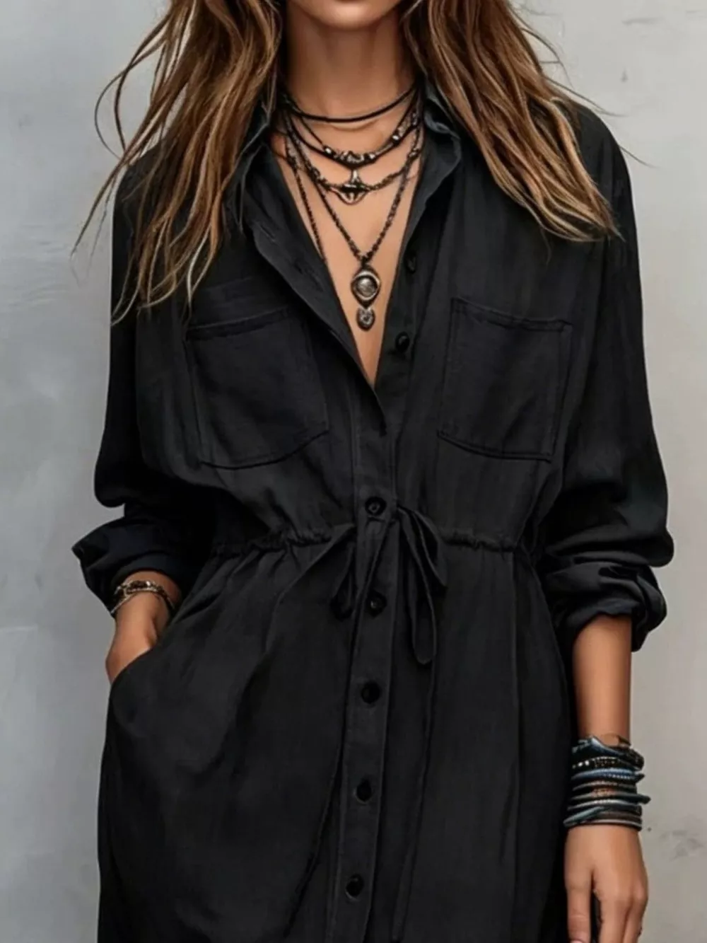 Full Size Button Front Long Sleeve Shirt Dress Plus Size, image 13