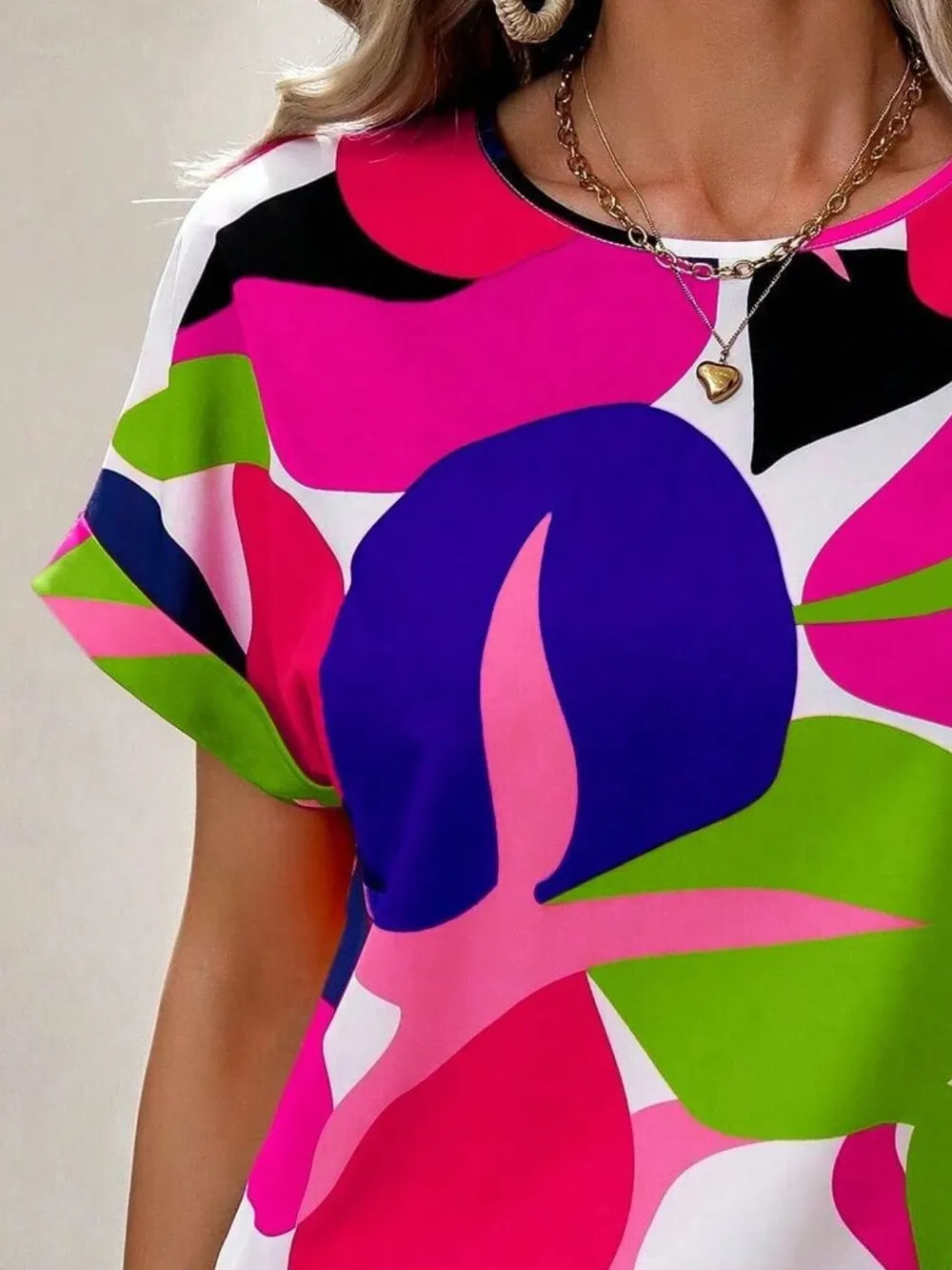Contrast Round Neck Short Sleeve Blouse, image 4
